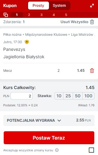 Kupona na mecz FK Panevezys - Jagiellonia